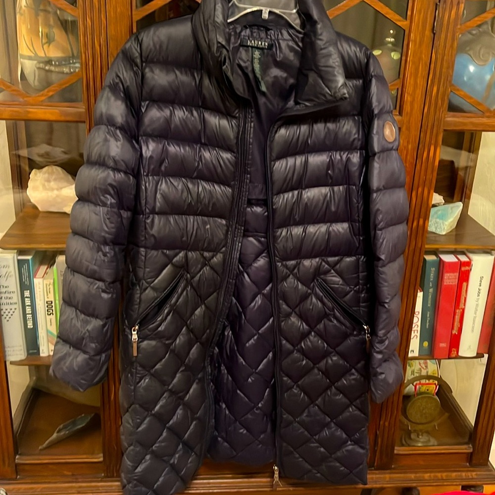 Lauren by Ralph Lauren Long, lightweight, navy blue puffy coat